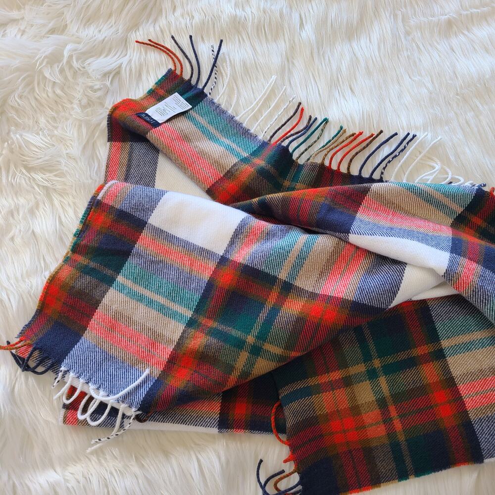 J. Crew Tartan Plaid Scarf Wrap Classic Fringe Fall Cozy White Red Green Shawl - Picture 3 of 3